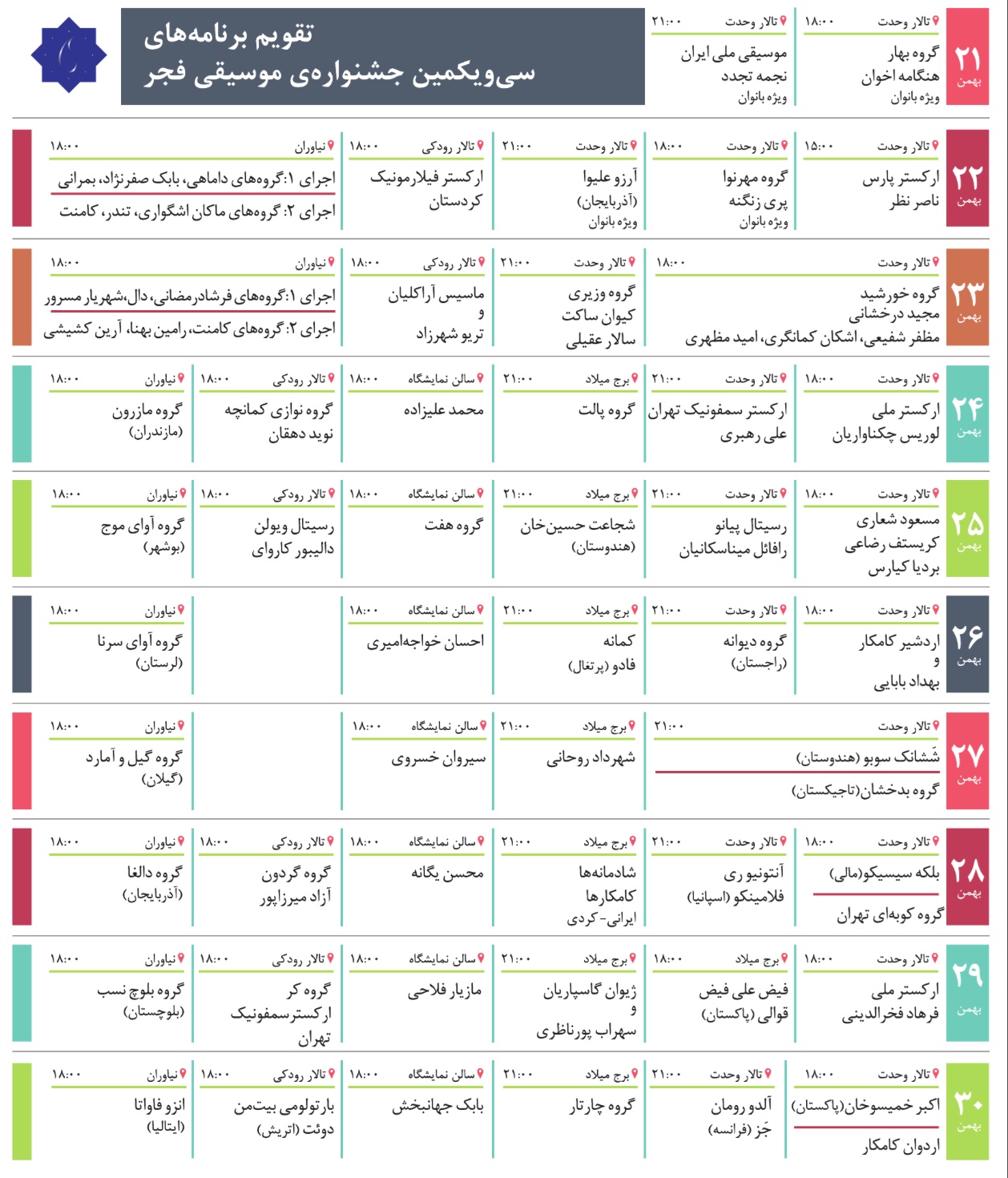 جدول برنامه‌های سی و یکمین جشنواره موسیقی فجر